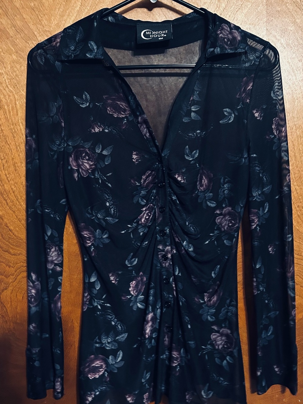 Midnight Hour Black Floral Ruched Long-Sleeve Top